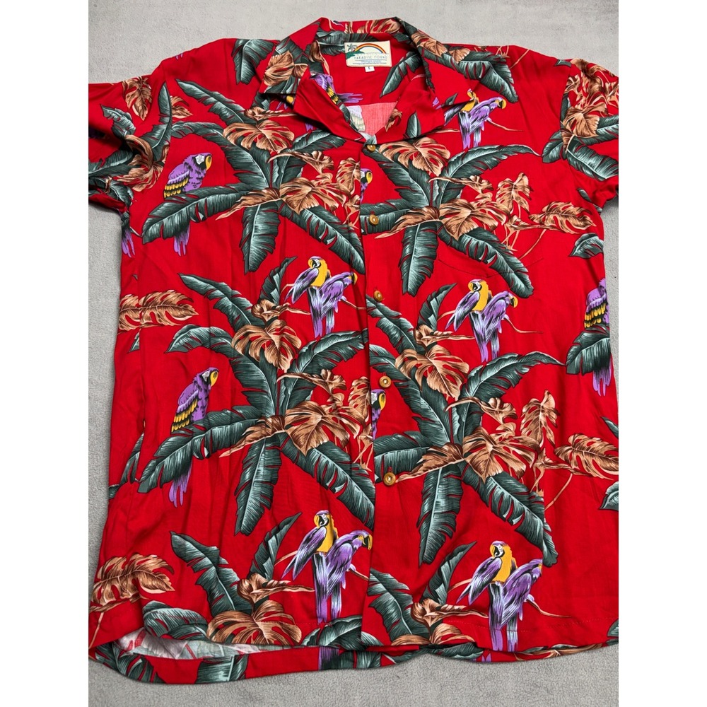 VTG Paradise Found Hawaiian Aloha Shirt Red Jungle Bird Magnum PI Mens Large